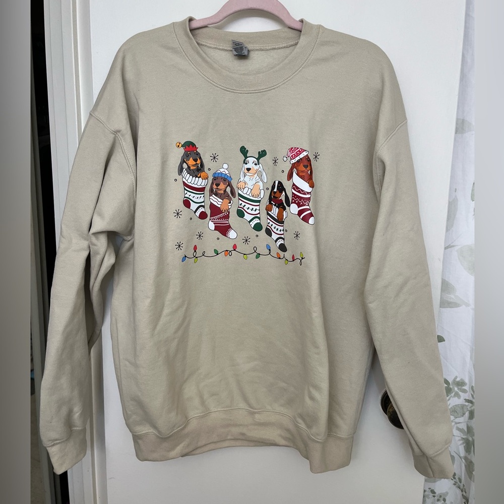 Festive Cream Sweater with Holiday Dashaund Design